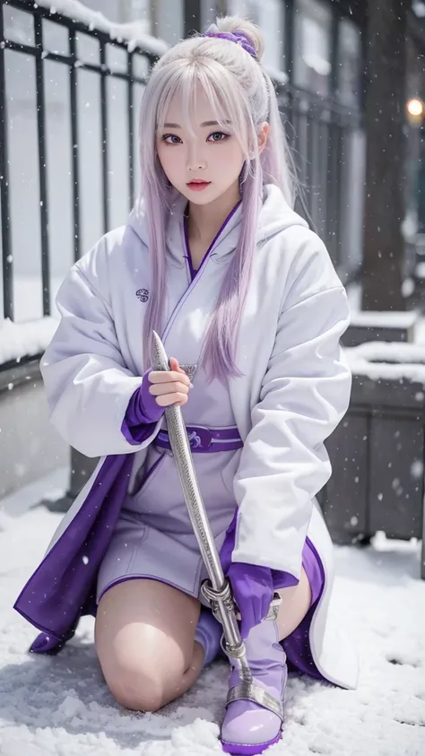 traditional asian goddess girl, white hair, with a violet and mauve futuristic and technological armor, Long coat, beautiful Hoodie, Gloves, Boots, is kneeling on the ground with a sword in her hand, snow background, detailed, realistic, 4k, cinematic.