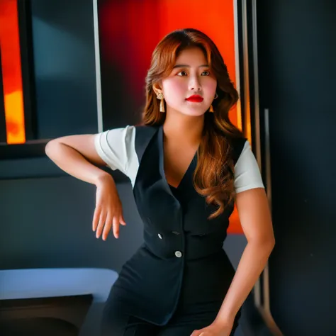 Woman in office dress leaning against red fire hydrant, wearing vest, wearing black modern clothes, cindy avelino, modern darna portrait, ,nivanh chanthara,