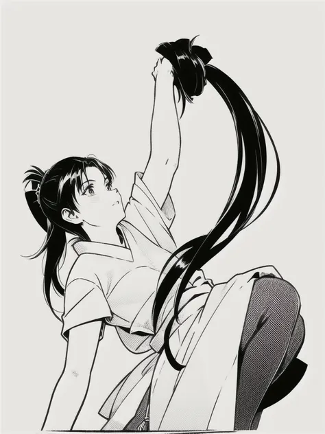 (masterpiece, best quality:1.2), 1girl, solo, 1girl, athletic body, long legs, long hair tied in ponytail with bowhair, black an...