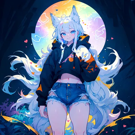 a cute adult male with wolf ears, long white hair, long locks, has a wolf tail, wearing a loose cropped black hoodie, wearing a ...