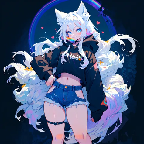 a cute adult male with wolf ears, long white hair, long locks, has a wolf tail, wearing a loose cropped black hoodie, wearing a ...