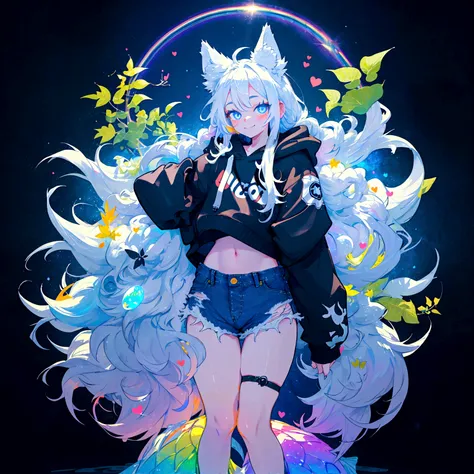 a cute adult male with wolf ears, long white hair, long locks, has a wolf tail, wearing a loose cropped black hoodie, wearing a pair of denim short shorts and fishnet stockings, thick thighs, wide hips, short, very slim, showing slender tummy, heart on hoo...