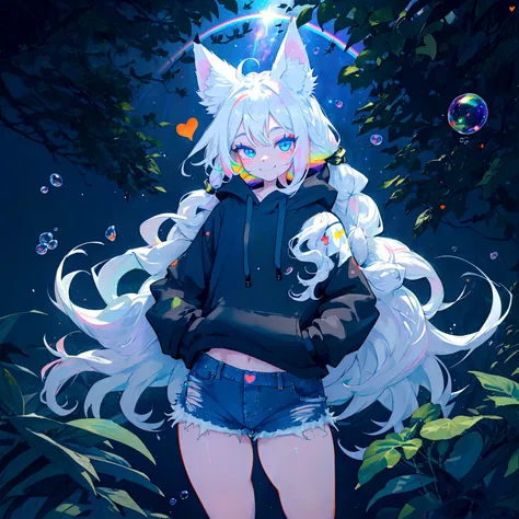 a cute adult male with wolf ears, long white hair, long locks, has a wolf tail, wearing a loose cropped black hoodie, wearing a ...