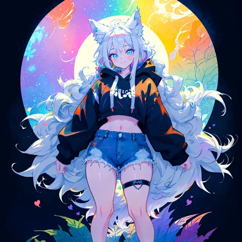 a cute adult male with wolf ears, long white hair, long locks, has a wolf tail, wearing a loose cropped black hoodie, wearing a ...