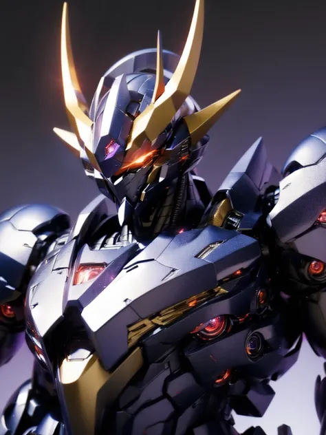 Robot, red mono eyes, blue and purple gradient body, high quality, golden horns on head, heavily armored,Robot, red glowing mono eyes, purple field body, high quality, silver horns on head, heavily armored, blue black shoulders, arm armor in austere shade,