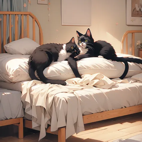 a cat laying on a bed in the room