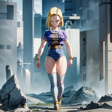 best quality, high definition, and18, 1girl, android 18, solo, blonde hair, blue eyes, belt, jeans, pearl_necklace, bracelet, sh...