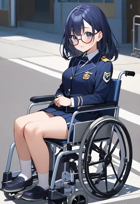 girl（Round Glasses、uniform（Navy Blue）、wheelchair）School