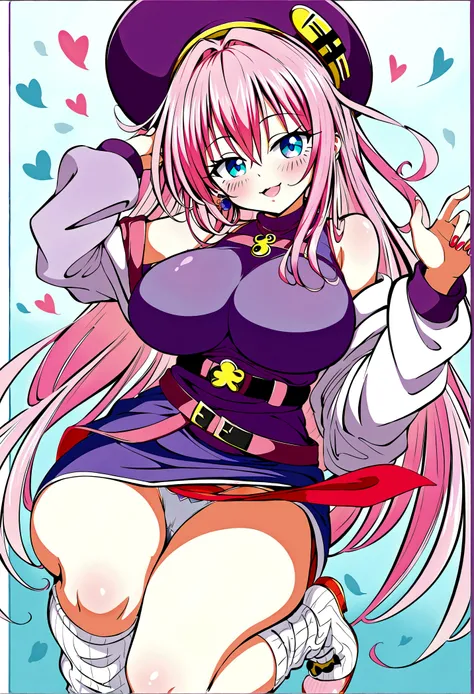 To Love-Ru、Purple off-the-shoulder mini skirt dress、Pink Hair、Big Breasts、White panties、Light purple loose socks、Provocative look、Raw thighs、Light blue eyes、Belt only on left thigh、Are standing