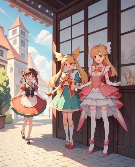 Highest quality, Very detailed, masterpiece, anime,Highest quality,Japanese ,Three Girls,Holiday outings,smile,Transparent haori,Browsing Caution,Magical girl