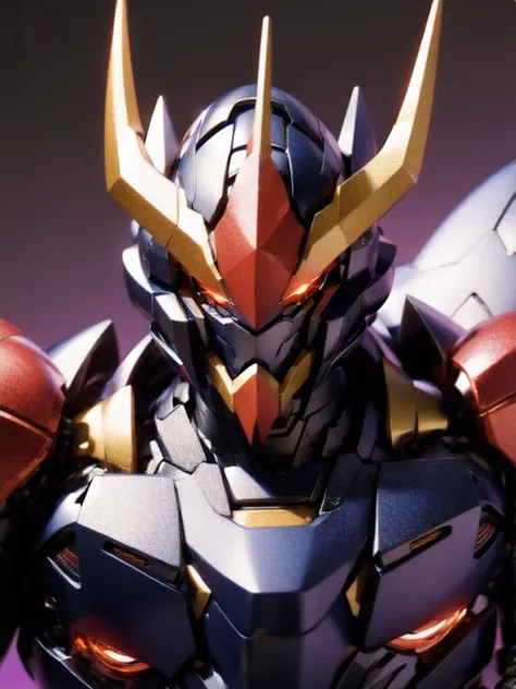 Robot, red mono eyes, blue and Red gradient body, high quality, golden horns on head, heavily armored,Robot, red glowing mono eyes, purple field body, high quality, silver horns on head, heavily armored, blue black shoulders, arm armor in austere shade,