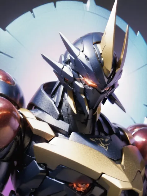 Robot, red mono eyes, blue and Red gradient body, high quality, golden horns on head, heavily armored,Robot, red glowing mono eyes, purple field body, high quality, silver horns on head, heavily armored, blue black shoulders, arm armor in austere shade,