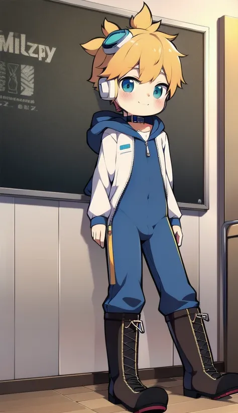 2D Boy Shota，One-piece mountaineering suit，Slim, healthy body，Put the headphones on your head，stand up，goggles，Rabbit ears，happy，Sailor collar，tie，Zipper pulled down，boots，hood，classroom