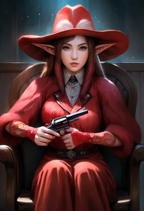 cowboy woman sitting on a chair with a red fur cowboy hat with elf-type ears, realistic anime style, with a cowboy gun in her hands
