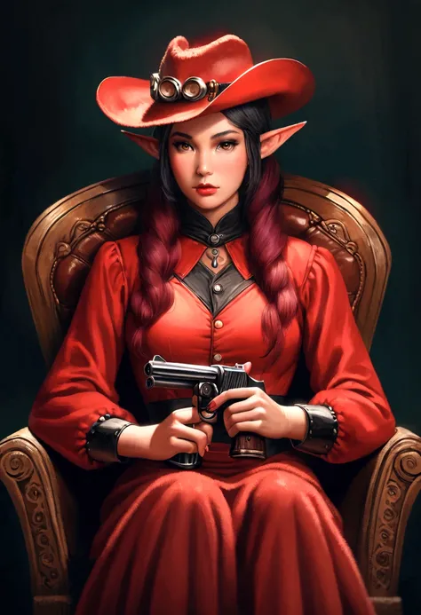 cowboy woman sitting on a chair with a red fur cowboy hat with elf-type ears, realistic anime style, with a cowboy gun in her hands
