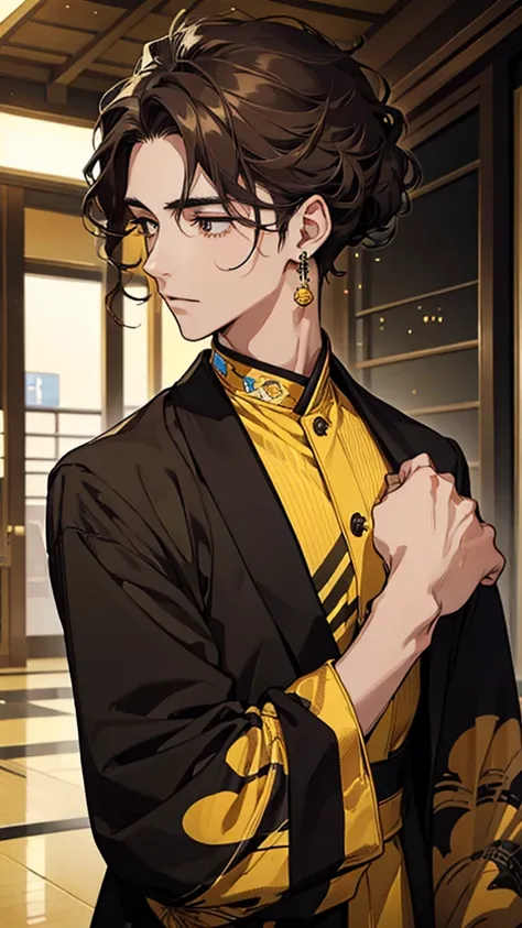 Man, Japanese, university student, brown hair, curly hairstyle, yellow and black gradient suit, silver wristwatch, black ring earrings