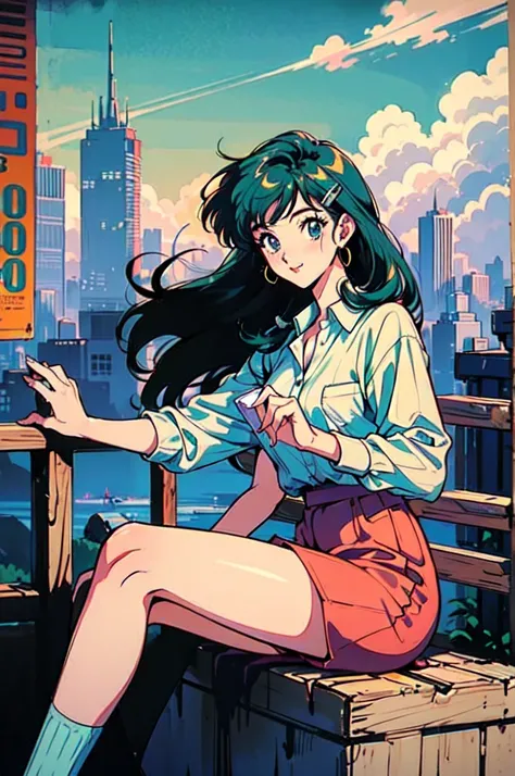 (80s, Retro, City Pop Poster:1.5), (Album cover), (masterpiece, Highest quality), (anime, figure), (pastel colour:1.4), 
Best Photo Poses, Dynamic Angle,
whole body、Cheerful face、smile、One high school girl、White shirt、skirt、Pedestrian bridge、Skyscraper、sun...