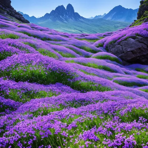 there are many purple flowers growing out of the rocks, a digital rendering by Anato Finnstark, flickr, hurufiyya, blue flowers bloomed all over, flowers with very long petals, mountainous area. rare flora, garis edelweiss, alien flora, chromostereopsis, m...