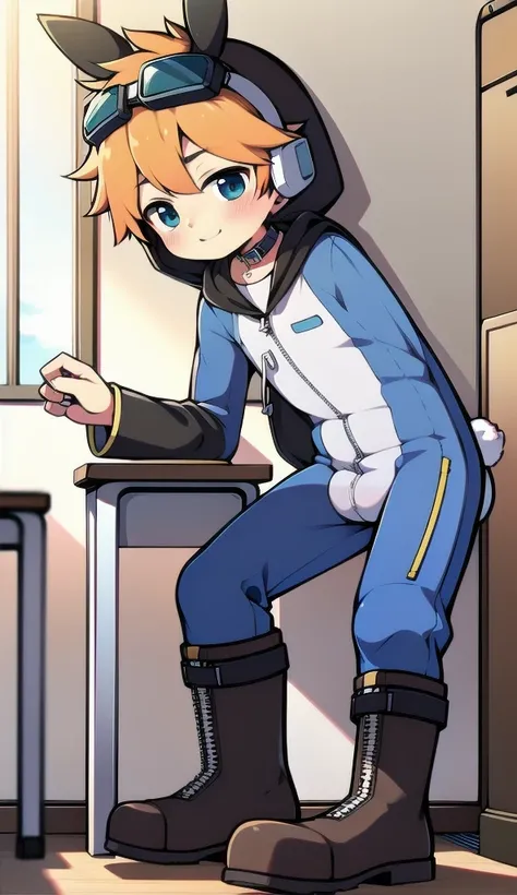 2D Boy Shota，One-piece mountaineering suit，Slim, healthy body，Put the headphones on your head，stand up，goggles，Rabbit ears，happy，Sailor collar，tie，Zipper pulled down，boots，hood，classroom