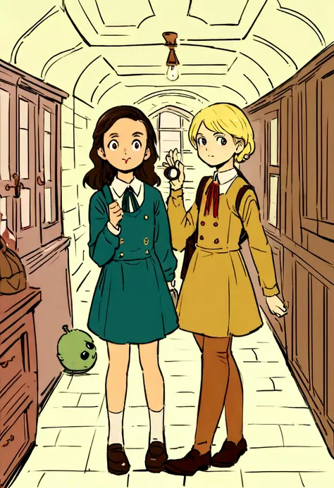 In a whimsical attic by Wes Anderson, Two clever and lively English girls, Ages 11 and 10, One of them is blonde, The other has dark hair and wears glasses.. , Ready to go to school, I&#39;Bad mood, Classic drawing style, Characters reminiscent of the 19th...