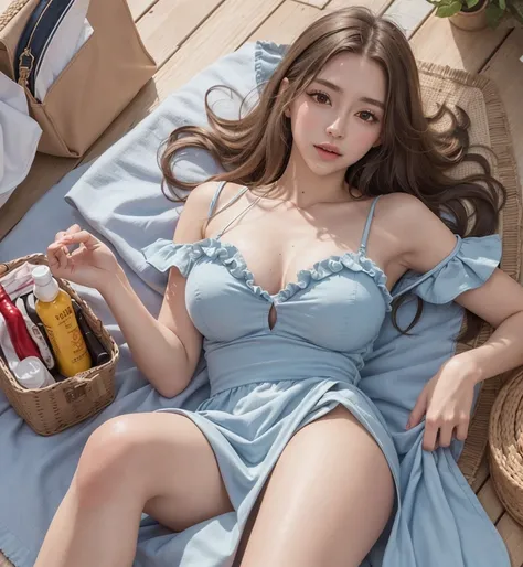 Best Quality, Masterpiece, detailed, 16k, beautiful detailed face , beautiful detailed eyes, 8k, female_Alone, perfect body, perfect proportions, prefect face, 3/4 body shot, (Long and loose hair) ,(lying on a picnic blanket:1.2), (wearing a short light bl...