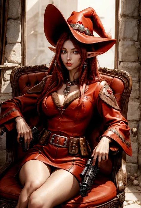 cowboy woman sitting on a chair with a red fur cowboy hat with elf-type ears, realistic anime style, with a cowboy gun in her hands