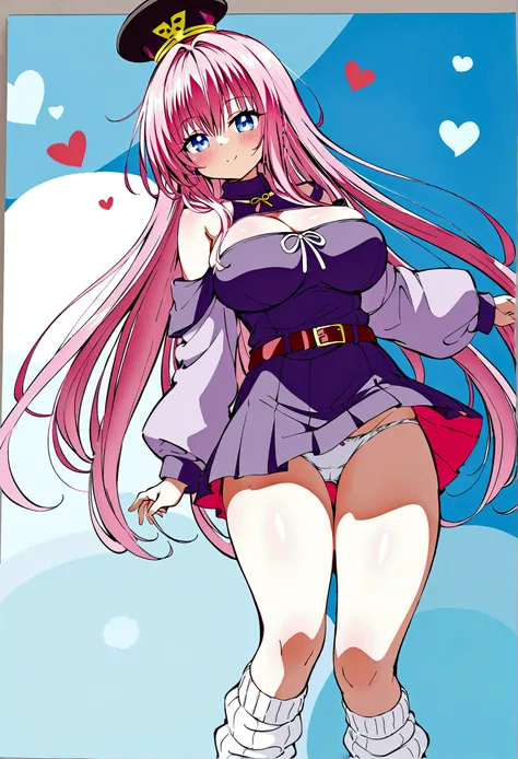 To Love-Ru、Purple off-the-shoulder mini skirt dress、Pink Hair、Big Breasts、White panties、Light purple loose socks、Provocative look、Raw thighs、Light blue eyes、Belt only on left thigh、Are standing