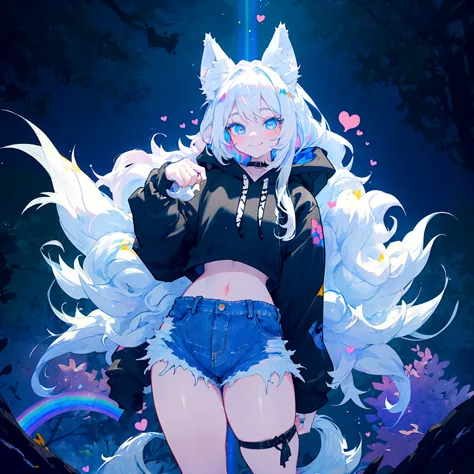 a cute adult male with wolf ears, long white hair, long locks, has a wolf tail, wearing a loose cropped black hoodie, wearing a ...