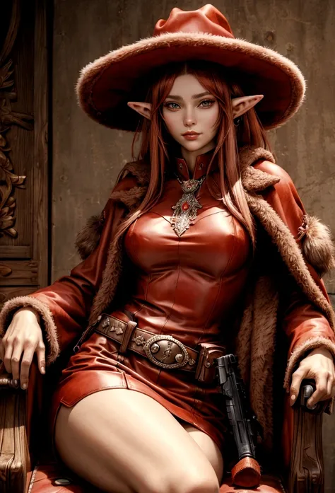 cowboy woman sitting on a chair with a red fur cowboy hat with elf-type ears, realistic anime style, with a cowboy gun in her hands