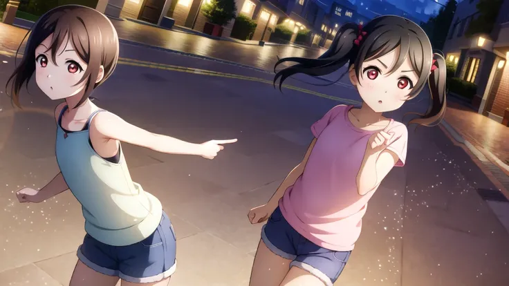 Yazawa nico, Twin tails,Red eyes,((Mid-chest, Tomboy, Small Head)), Dawn, sunlight, (Trained abdominal muscles : 1.1), (Perfect body : 1.1), (Short Wavy Hair : 1.2) , Auburn Hair, collar, Lock, Full Body Shot, Crowded street, Wearing a black tank top, Jean...