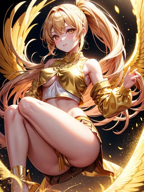 Golden long pony tail girl golden eyes have 2 golden wings wearing golden crop top and golden skirt golden socks no shoes and have mini golden crystals aura floating around