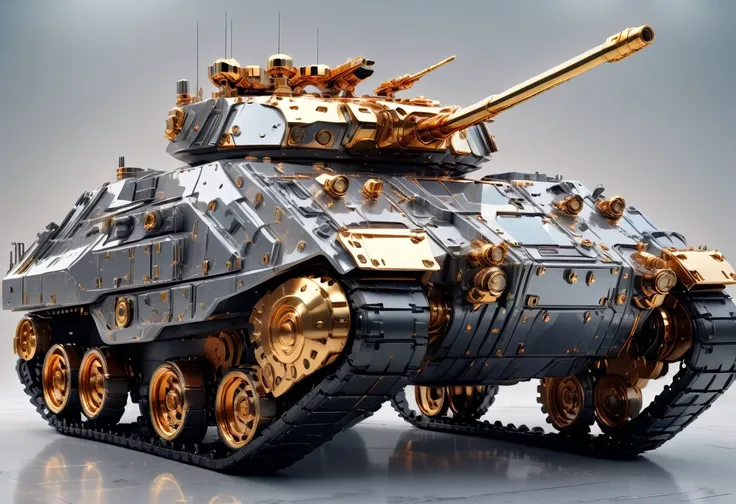 solid light grey background, Gold and black transparent mechanical armored vehicle , Complex and sophisticated internal structure, Heavy golden armor，Heavy weapons， (Well-designed, High Detail, masterpiece, best quality, Ultra HD, Sharpen details)