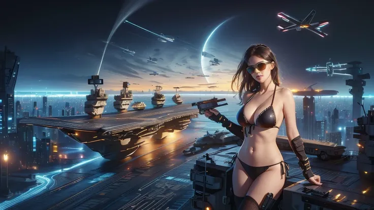 (((a large-breast bikini slim GIRL with black (micro) sunglasses))), (((((aiming at viewer with a pistol))))), a balcony of a futuristic building, aerial view of an ultra-futuristic megalopolis, metal buildings and houses in dark colors from dark blue to b...