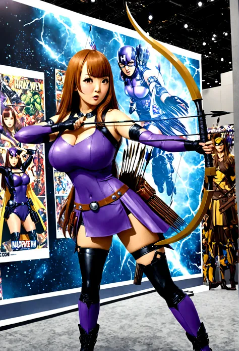 a cute woman, 1girl, Hitomi Tanaka, Hawkeye costume, Marvel character, bow and arrow, arrows in quiver, striking cool poses, Comic Con, photorealistic, 8k, detailed description, cinematic lighting, dynamic composition, vibrant colors