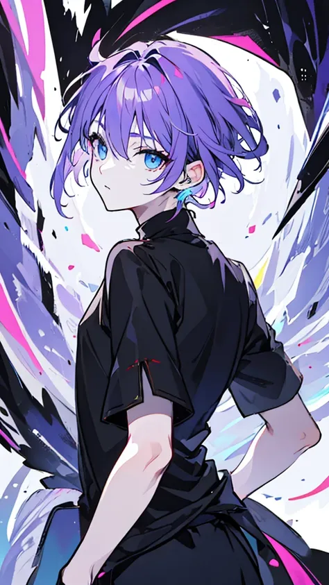 ((Highest quality)), ((masterpiece)), ((1 person)),Perfect Face、male、Purple hair color、Light blue eyes、Very short hair、vocal、pale colour、whole body、Simple black outfit、look back