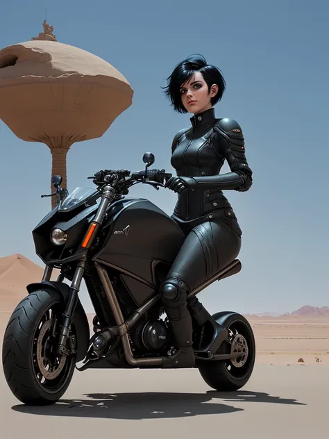 Science fiction.
Girl with short black hair.
Riding a futuristic motorcycle.
Travel on a road in the desert. 