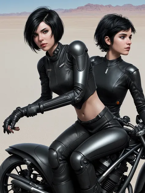 Science fiction.
Girl with short black hair.
Riding a futuristic motorcycle.
Travel on a road in the desert. 