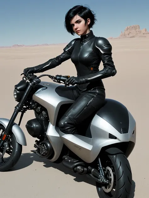 Science fiction.
Girl with short black hair.
Riding a futuristic motorcycle.
Travel on a road in the desert. 