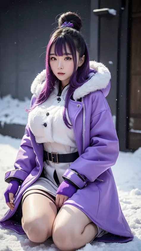 traditional asian goddess girl, violet hair, with a violet colour futuristic and technological armor, Long coat, beautiful Hoodie, Gloves, Boots, dynamic, is kneeling on the ground with a sword in her hand, snow background, detailed, hyper realistic, 4k, c...