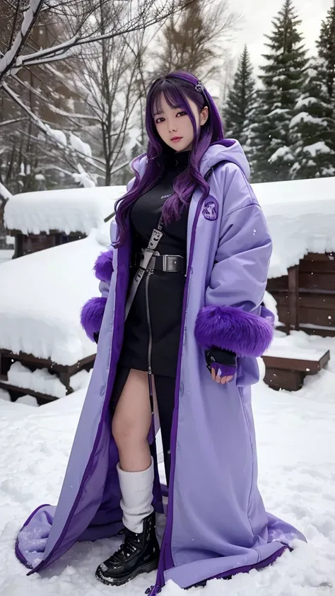 traditional asian goddess girl, violet hair, with a violet colour futuristic and technological armor, Long coat, beautiful Hoodie, Gloves, Boots, dynamic, is kneeling on the ground with a sword in her hand, snow background, detailed, hyper realistic, 4k, c...