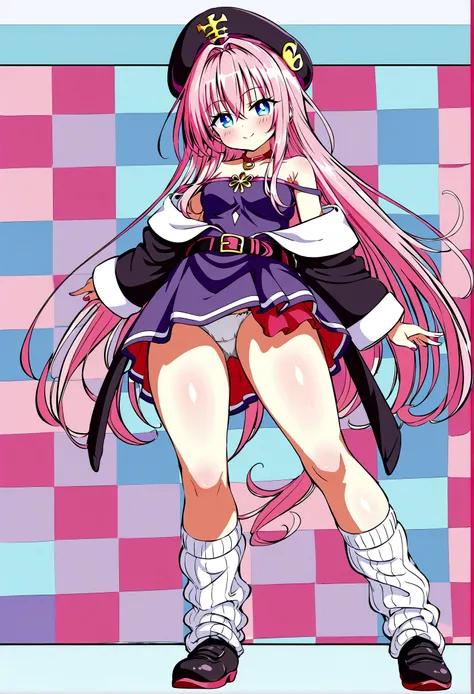 To Love-Ru、Purple off-the-shoulder mini skirt dress、Pink Hair、White panties、Light purple loose socks、Provocative look、Raw thighs、Light blue eyes、Belt only on left thigh、Are standing