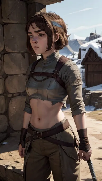 8k, maisie williams face, pale skin, toned abs, small breast, round ass, her round ass visible, brown hair, maisie williams as a...