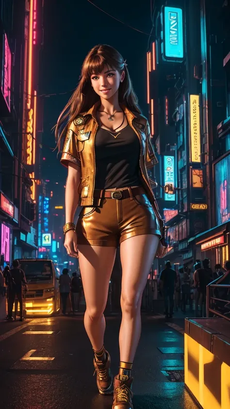 (ultra quality, 4k, 8k, high resolution, masterpiece: 1.2), ultra detailed, (realistic, photorealistic, photorealistic: 1.37) A beautiful young woman walking through a neon-lit cyberpunk city, smiling with her brown eyes, wearing shorts, a red and gold blo...