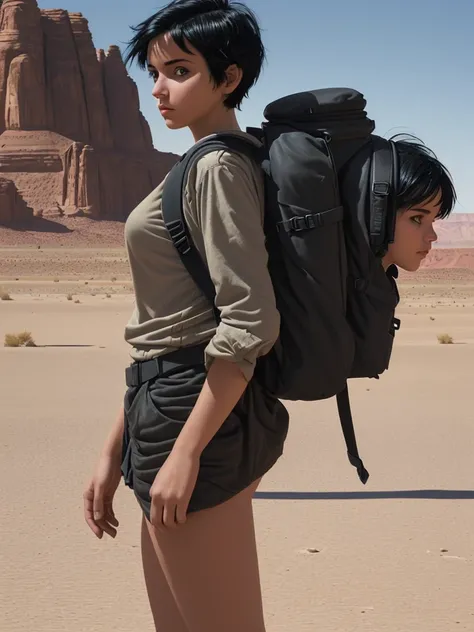 Science fiction.
Girl with short black hair.
With backpack on the back. 
Travel on a road in the desert. 