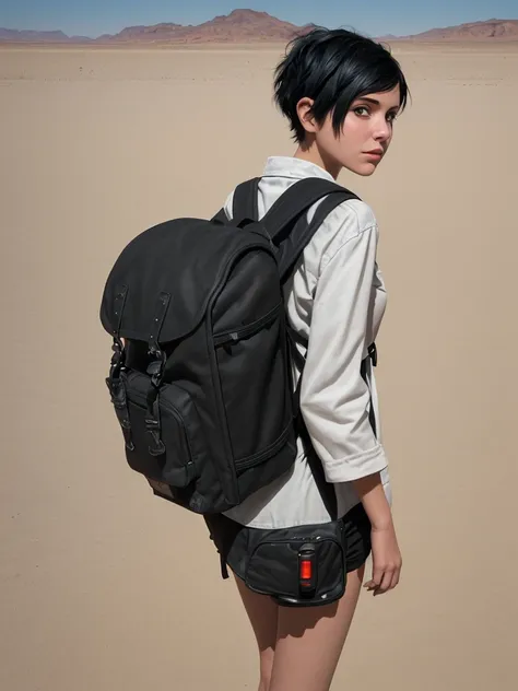 Science fiction.
Girl with short black hair.
With backpack on the back. 
Travel on a road in the desert. 