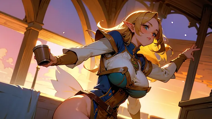 Anime Style,Nostalgic,Detailed background,The medieval world,A lively coffee shop with lots of people,Beautiful sky,Beautiful bard elf girl holding coffee,Large Breasts,Healthy thighs,Protruding buttocks,Underarm