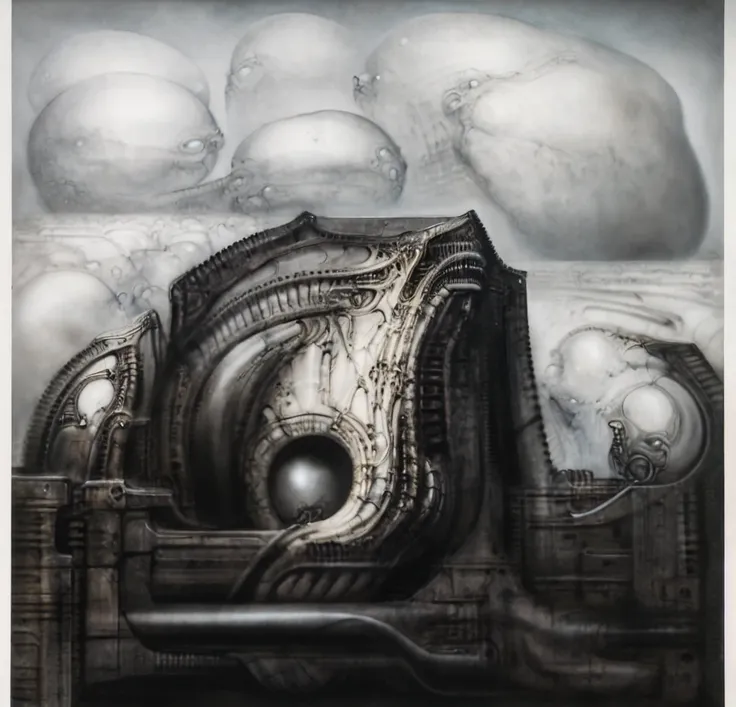 giger_style, the image is a detailed view of h.r. giger's \" landscape xvi \" plate, featuring a complex network of bones and or...