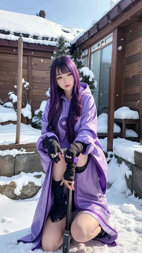 traditional asian goddess girl, violet hair, with a violet colour futuristic and technological armor, Long coat, beautiful Hoodie, Gloves, Boots, dynamic, is kneeling on the ground with a sword in her hand, snow background, detailed, hyper realistic, 4k, c...