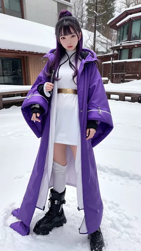 traditional asian goddess girl, violet hair, with a violet colour futuristic and technological armor, Long coat, beautiful Hoodie, Gloves, Boots, dynamic, is kneeling on the ground with a sword in her hand, snow background, detailed, hyper realistic, 4k, c...