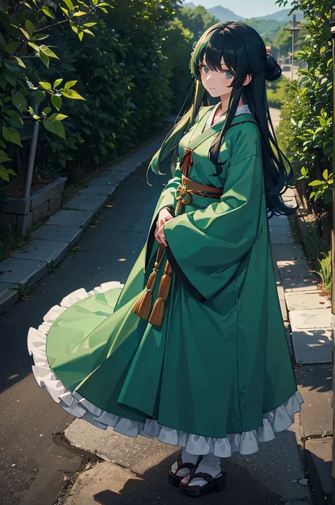 1woman, dark green hair, blue eyes, shrine maidens clothes, standing on ground, high res, ultra sharp, 8K, masterpiece